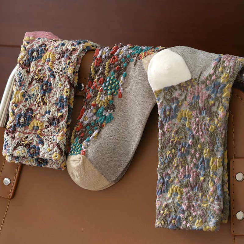 Damskie skarpetki bawełniane Micro Crew z teksturą i kwiatowym wzorem w Buddha Stones - image 19