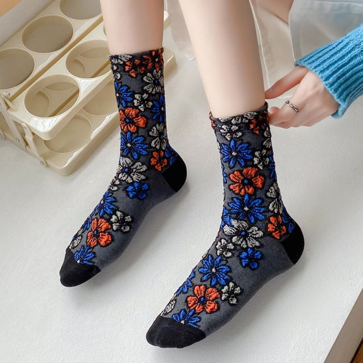 Damskie bawełniane skarpetki Micro Crew z motywem etnicznym i kwiatowym, kontrastowym wzorem w Buddha Stones - image 0