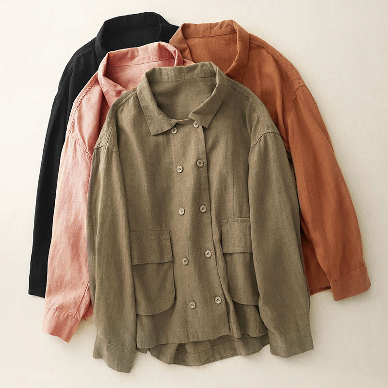 Kurtka damska z długim rękawem i kieszeniami, dwurzędowa, bawełniana, z Buddha Stones - image 0