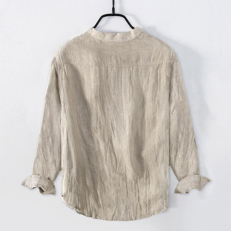 Koszula z krótkim rękawem w jednolitym kolorze z krótkim rękawem i półguzikiem, bawełniano-lniana, męska, z Buddha Stones - image 30