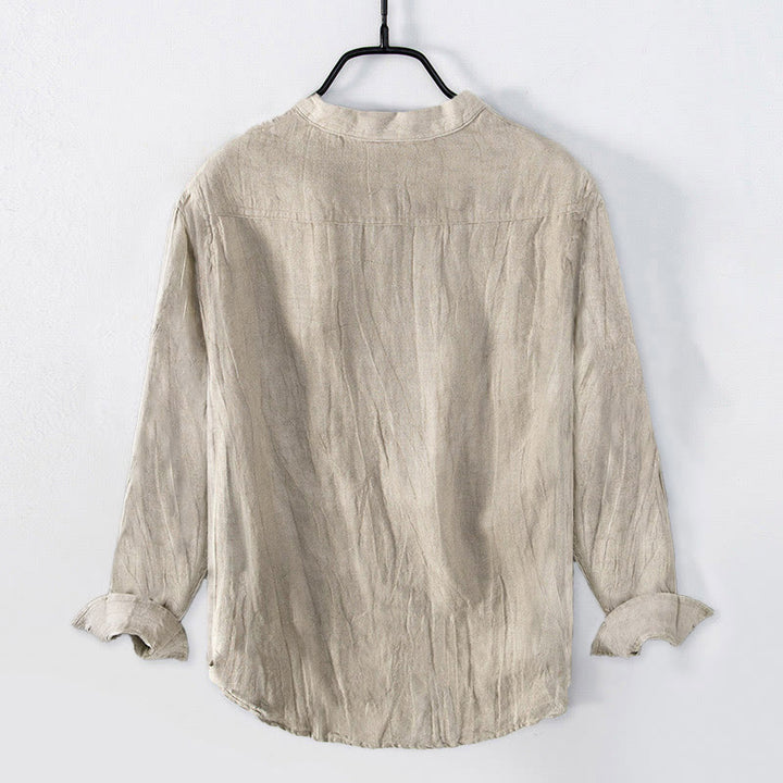 Koszula z krótkim rękawem w jednolitym kolorze z krótkim rękawem i półguzikiem, bawełniano-lniana, męska, z Buddha Stones - image 30