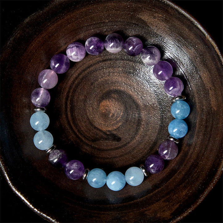 Bransoletka z koralików dystansowych z Buddha Stones , ametystu i akwamarynu w stylu Peace - Ametyst i akwamaryn (obwód nadgarstka: 19-22 cm) - image 0