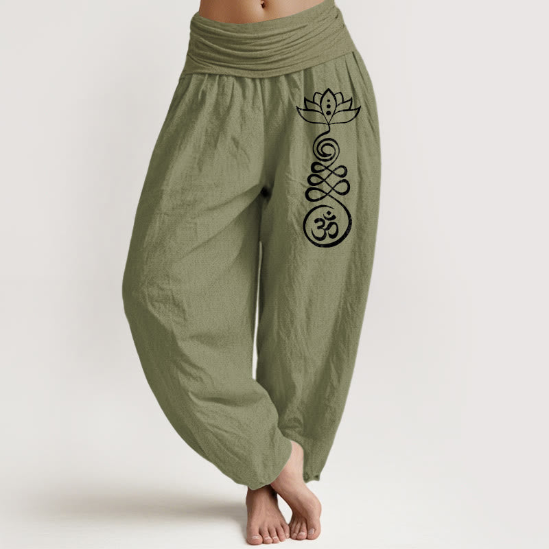 Damskie spodnie haremowe z elastycznej bawełny z motywem Buddha Stones i lotosu Om - Oliwkowy - US22, UK/AU26, EU54 (6XL) - image 0