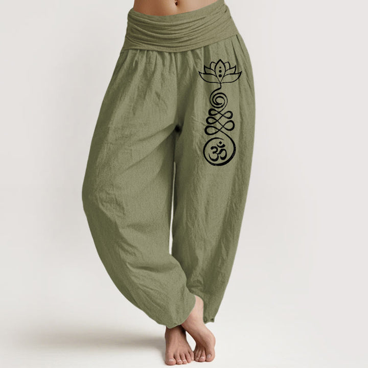 Damskie spodnie haremowe z elastycznej bawełny z motywem Buddha Stones i lotosu Om - Oliwkowy - US22, UK/AU26, EU54 (6XL) - image 0
