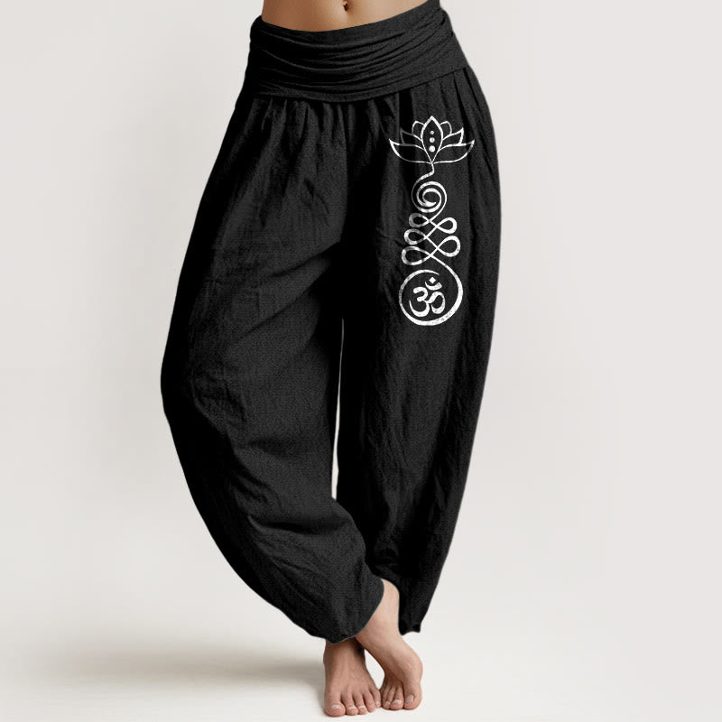 Damskie spodnie haremowe z elastycznej bawełny z motywem Buddha Stones i lotosu Om - Czarny - US22, UK/AU26, EU54 (6XL) - image 5