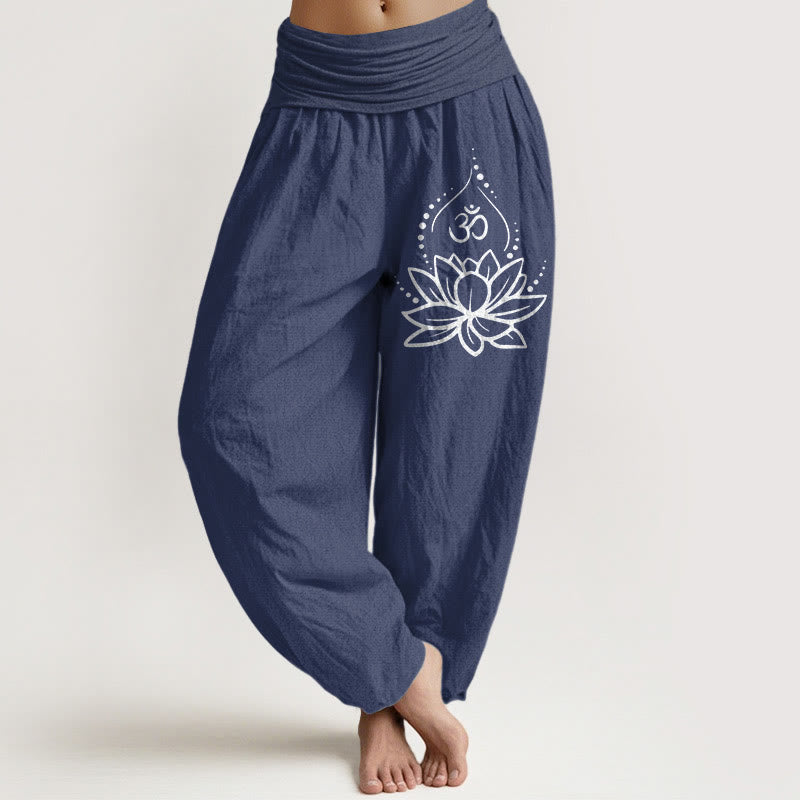 Damskie spodnie haremowe z elastyczną talią i motywem kwitnącego lotosu z Buddha Stones - DarkSlateBlue - US22, UK/AU26, EU54 (6XL) - image 0