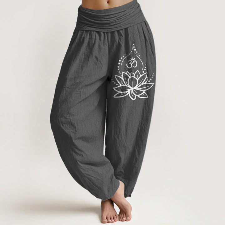 Damskie spodnie haremowe z elastyczną talią i motywem kwitnącego lotosu z Buddha Stones - DimGray - US22, UK/AU26, EU54 (6XL) - image 8