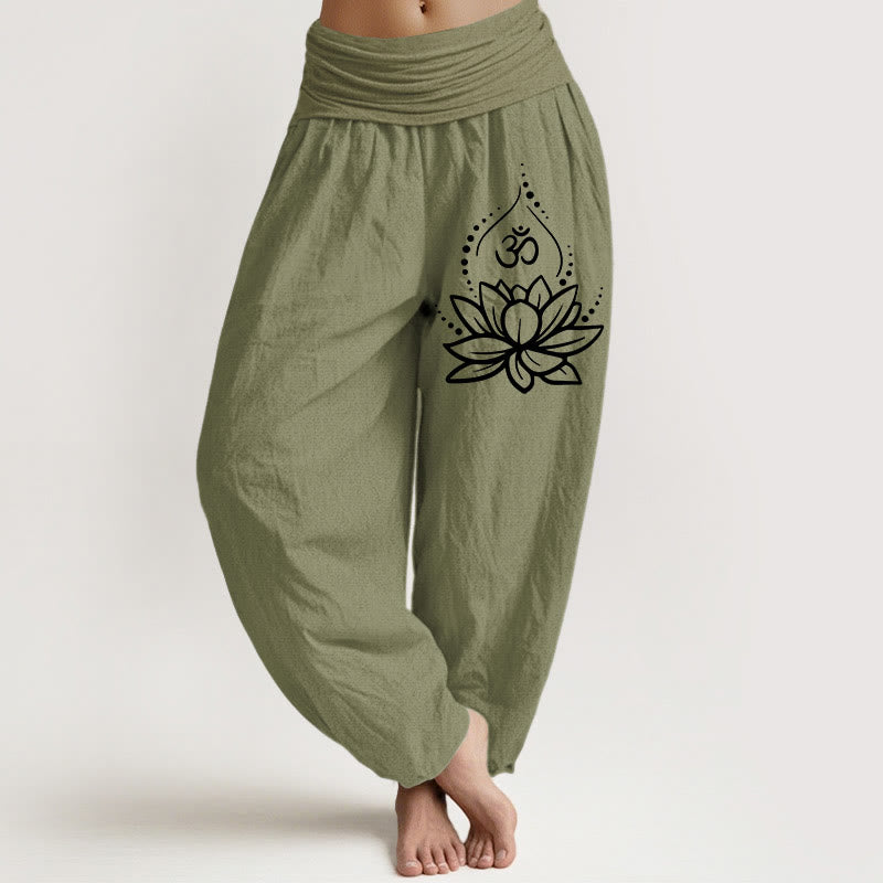 Damskie spodnie haremowe z elastyczną talią i motywem kwitnącego lotosu z Buddha Stones - Oliwkowy - US22, UK/AU26, EU54 (6XL) - image 14