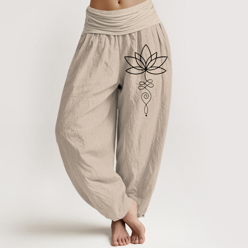 Damskie spodnie haremowe z elastycznej talii z motywem Buddha Stones i symbolem lotosu Unalome z czystej bawełny - Dębnik - US22, UK/AU26, EU54 (6XL) - image 0