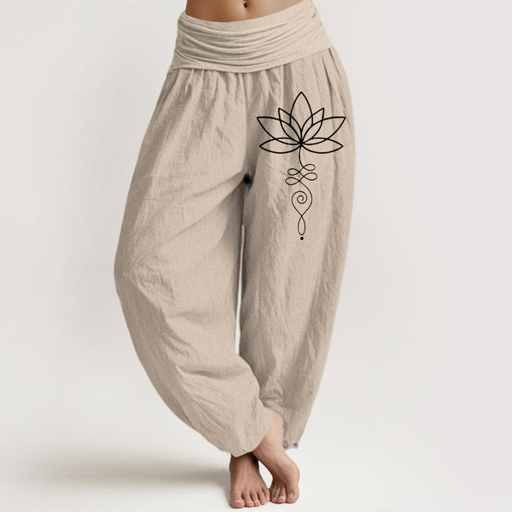 Damskie spodnie haremowe z elastycznej talii z motywem Buddha Stones i symbolem lotosu Unalome z czystej bawełny - Dębnik - US22, UK/AU26, EU54 (6XL) - image 0