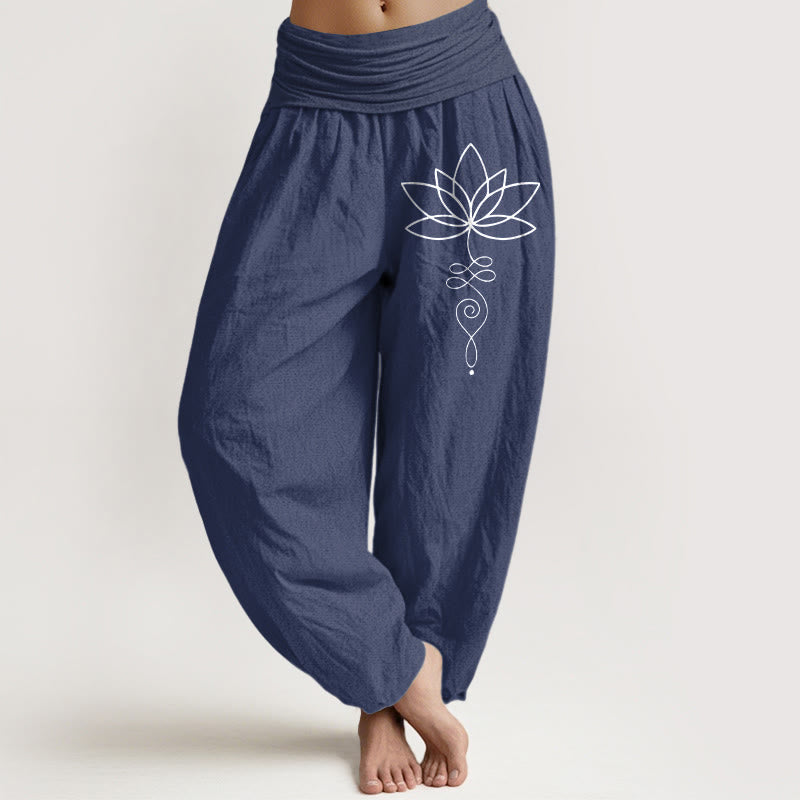 Damskie spodnie haremowe z elastycznej talii z motywem Buddha Stones i symbolem lotosu Unalome z czystej bawełny - DarkSlateBlue - US22, UK/AU26, EU54 (6XL) - image 8