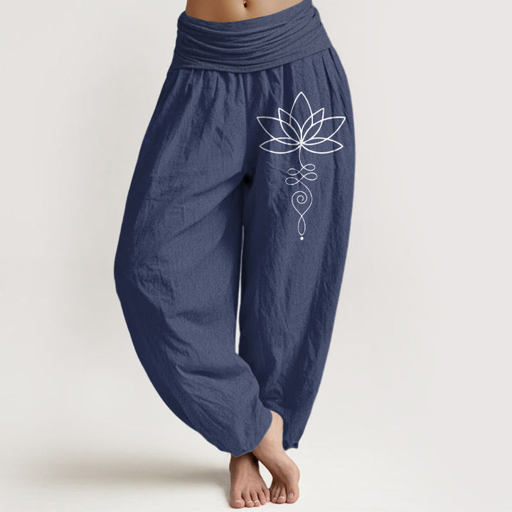 Damskie spodnie haremowe z elastycznej talii z motywem Buddha Stones i symbolem lotosu Unalome z czystej bawełny - DarkSlateBlue - US22, UK/AU26, EU54 (6XL) - image 8