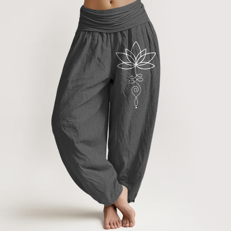 Damskie spodnie haremowe z elastycznej talii z motywem Buddha Stones i symbolem lotosu Unalome z czystej bawełny - DimGray - US22, UK/AU26, EU54 (6XL) - image 11