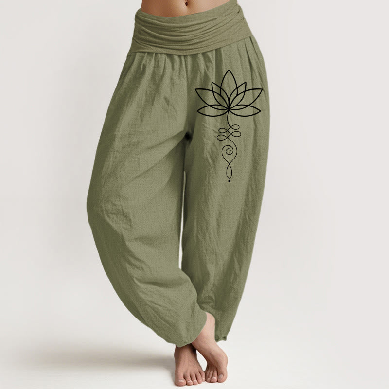 Damskie spodnie haremowe z elastycznej talii z motywem Buddha Stones i symbolem lotosu Unalome z czystej bawełny - Oliwkowy - US22, UK/AU26, EU54 (6XL) - image 14