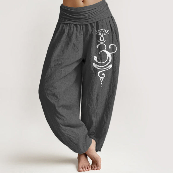 Damskie spodnie haremowe z elastyczną talią i wzorem kwiatu lotosu z Buddha Stones i symbolem Unalome z czystej bawełny - DimGray - US22, UK/AU26, EU54 (6XL) - image 0