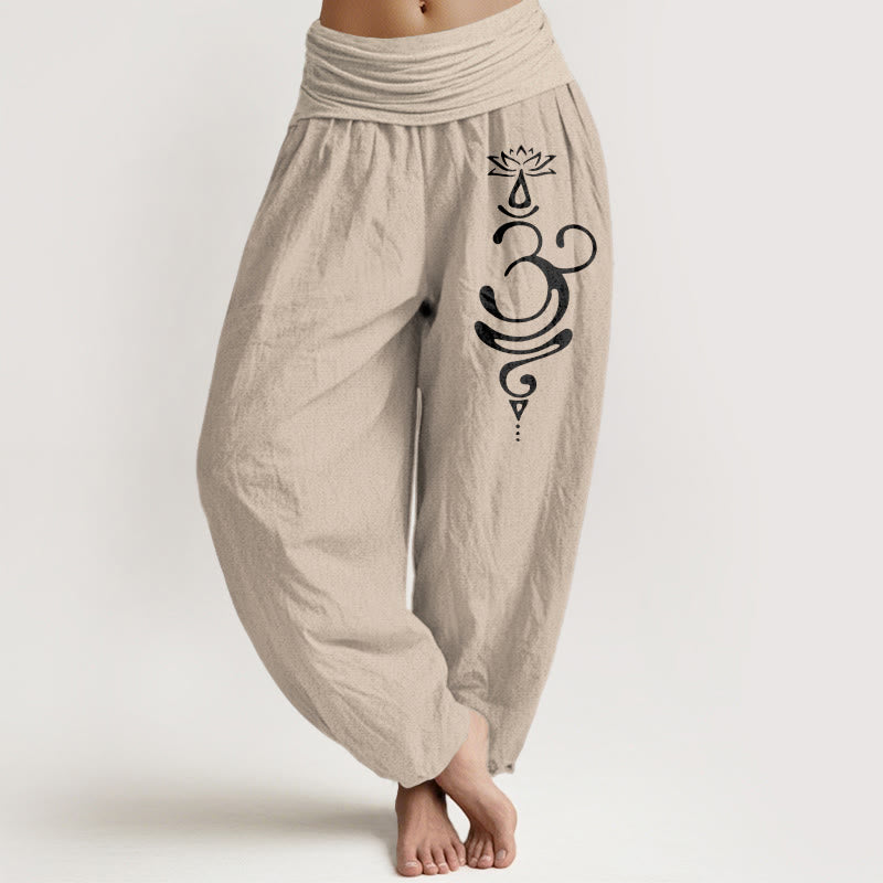 Damskie spodnie haremowe z elastyczną talią i wzorem kwiatu lotosu z Buddha Stones i symbolem Unalome z czystej bawełny - Dębnik - US22, UK/AU26, EU54 (6XL) - image 11