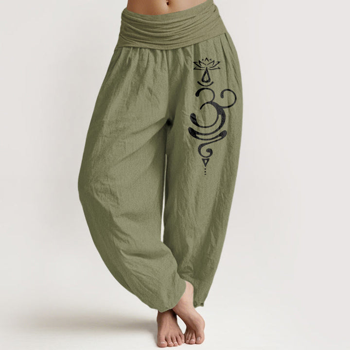 Damskie spodnie haremowe z elastyczną talią i wzorem kwiatu lotosu z Buddha Stones i symbolem Unalome z czystej bawełny - Oliwkowy - US22, UK/AU26, EU54 (6XL) - image 14