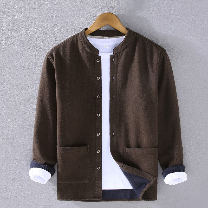 Kurtka męska Buddha Stones z długim rękawem, standardowym kołnierzem, termiczna, z podszewką z polaru, z bawełny ramii i kieszeniami - SaddleBrown - US/UK/AU42， EU52 (3XL) - image 0