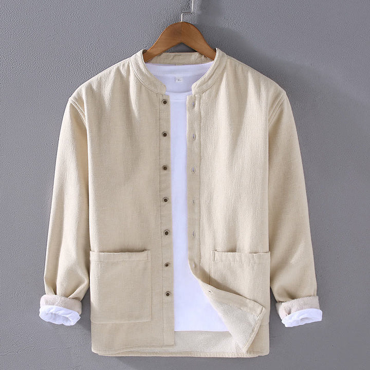 Kurtka męska Buddha Stones z długim rękawem, standardowym kołnierzem, termiczna, z podszewką z polaru, z bawełny ramii i kieszeniami - Beżowy - US/UK/AU42， EU52 (3XL) - image 4