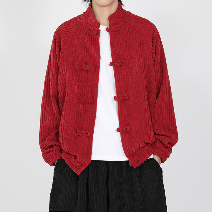 Kurtka męska z bawełny sztruksowej z długim rękawem i kieszeniami Buddha Stones z chińskimi guzikami żabki - Karmazynowy - US/UK/AU46， EU56 (5XL) - image 7