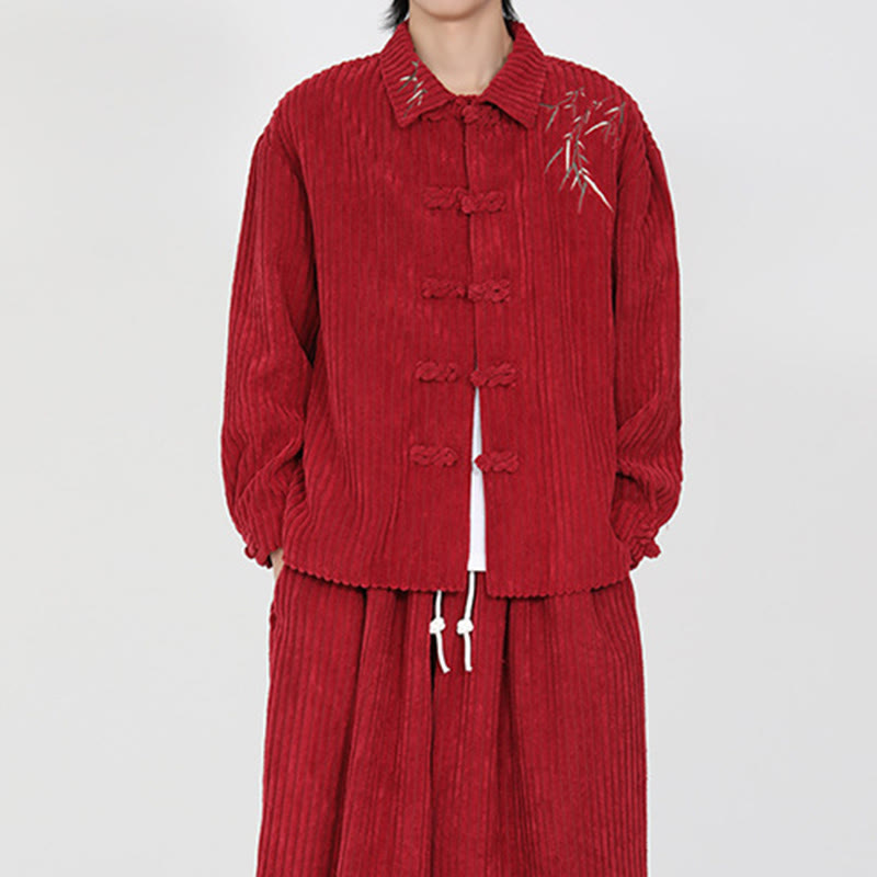 Kurtka męska z bawełny sztruksowej z długim rękawem i haftem Buddha Stones z bambusa, z żabim guzikiem - image 16