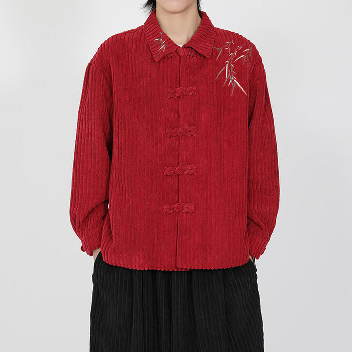 Kurtka męska z bawełny sztruksowej z długim rękawem i haftem Buddha Stones z bambusa, z żabim guzikiem - image 15