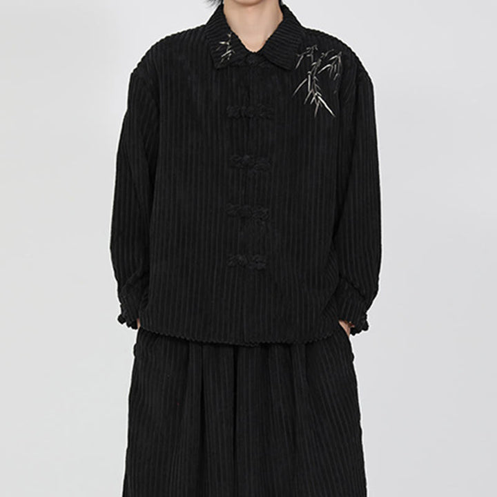 Kurtka męska z bawełny sztruksowej z długim rękawem i haftem Buddha Stones z bambusa, z żabim guzikiem - image 7