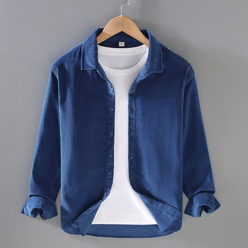 Koszula męska z długim rękawem z czystej bawełny sztruksowej "Buddha Stones" w jednolitym kolorze z guzikami - MediumBlue - US/UK/AU44， EU54 (4XL) - image 1