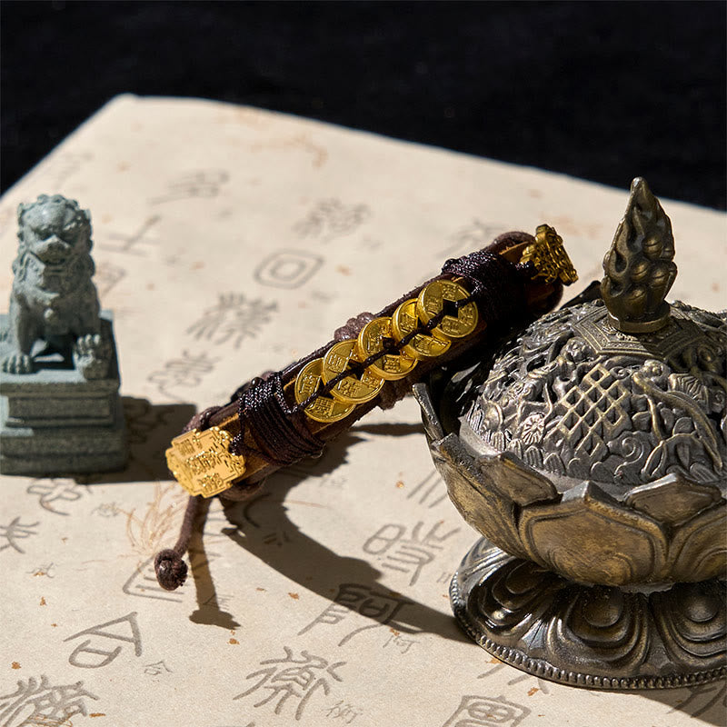 Bransoletka ze skóry i sznurka z Buddha Stones, pięcioma monetami cesarza Pi Xiu  - image 1