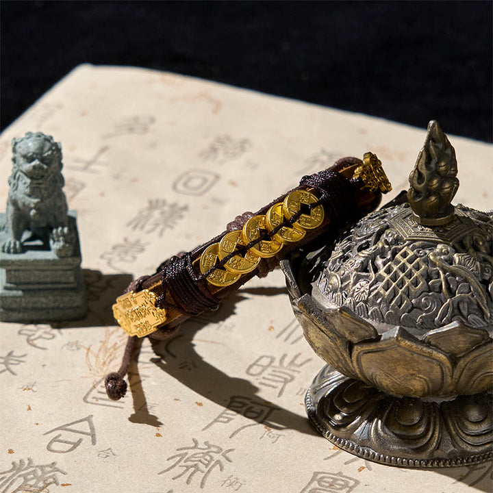 Bransoletka ze skóry i sznurka z Buddha Stones, pięcioma monetami cesarza Pi Xiu  - image 1