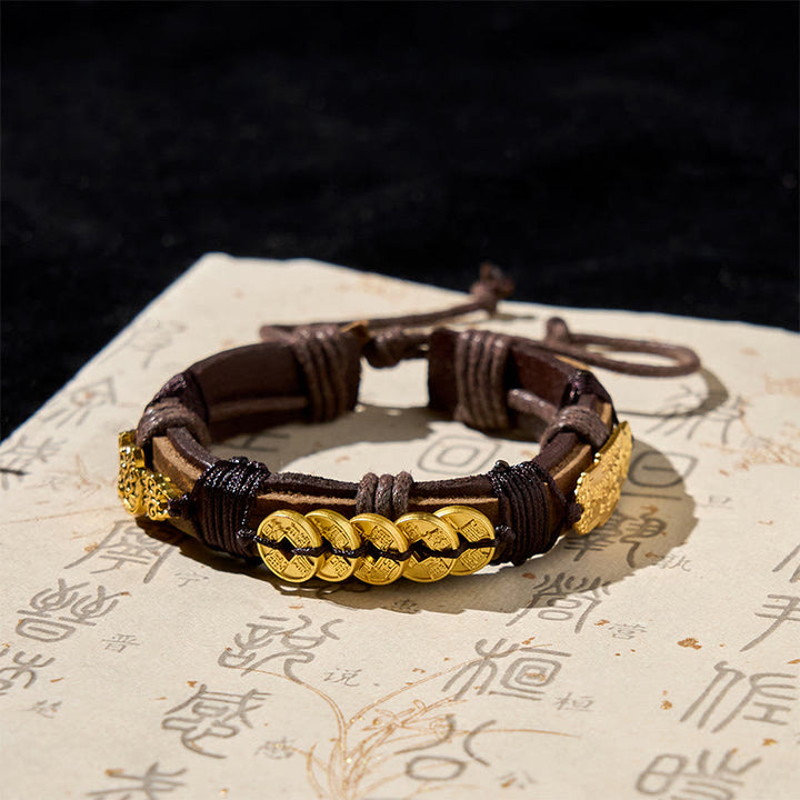 Bransoletka ze skóry i sznurka z Buddha Stones, pięcioma monetami cesarza Pi Xiu  - Monety Pięciu Cesarzy i PiXiu (obwód nadgarstka: 15-19 cm) - image 0