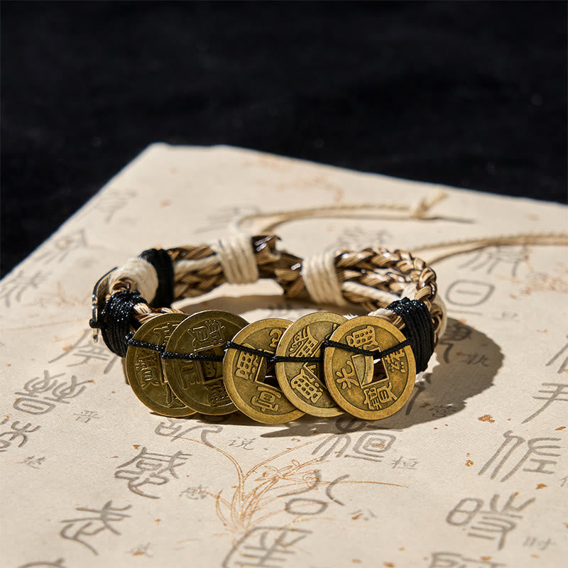 Bransoletka z amuletem i liną ochronną z kamieniami Buddha Stones cesarza  - Monety Pięciu Cesarzy (Obwód nadgarstka: 15-19 cm) - image 0