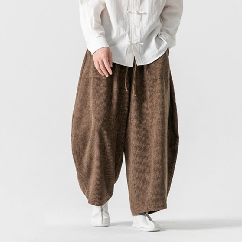 Męskie spodnie bawełniane z szerokimi nogawkami i kieszeniami, w jednolitym kolorze i ze ściągaczem, z Buddha Stones - image 18