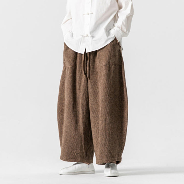 Męskie spodnie bawełniane z szerokimi nogawkami i kieszeniami, w jednolitym kolorze i ze ściągaczem, z Buddha Stones - image 13