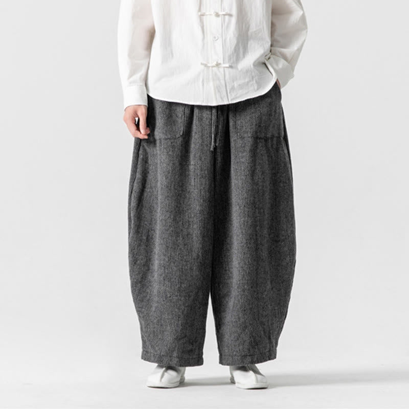 Męskie spodnie bawełniane z szerokimi nogawkami i kieszeniami, w jednolitym kolorze i ze ściągaczem, z Buddha Stones - image 1