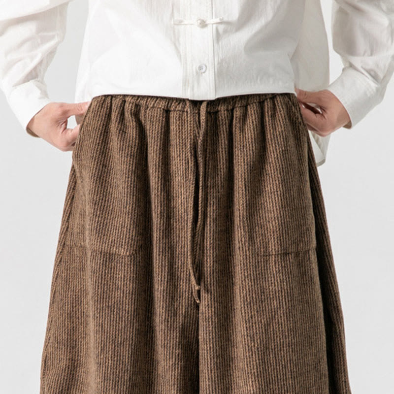 Męskie spodnie bawełniane z szerokimi nogawkami i kieszeniami, w jednolitym kolorze i ze ściągaczem, z Buddha Stones - image 20