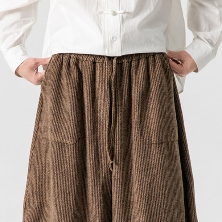 Męskie spodnie bawełniane z szerokimi nogawkami i kieszeniami, w jednolitym kolorze i ze ściągaczem, z Buddha Stones - image 20