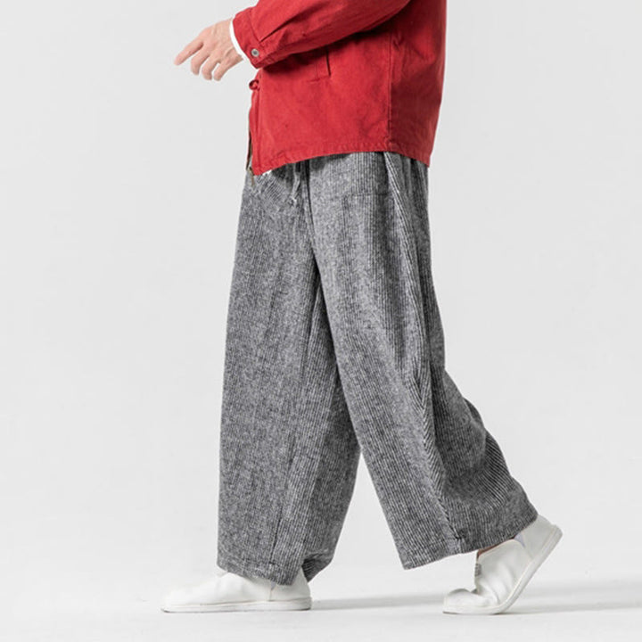 Męskie spodnie bawełniane z szerokimi nogawkami i kieszeniami, w jednolitym kolorze i ze ściągaczem, z Buddha Stones - image 28