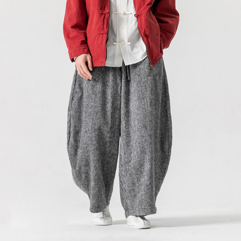 Męskie spodnie bawełniane z szerokimi nogawkami i kieszeniami, w jednolitym kolorze i ze ściągaczem, z Buddha Stones - image 29