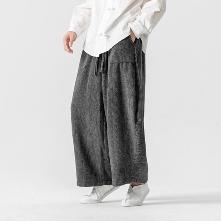 Męskie spodnie bawełniane z szerokimi nogawkami i kieszeniami, w jednolitym kolorze i ze ściągaczem, z Buddha Stones - image 5