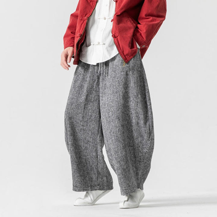 Męskie spodnie bawełniane z szerokimi nogawkami i kieszeniami, w jednolitym kolorze i ze ściągaczem, z Buddha Stones - image 26