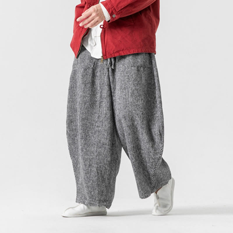 Męskie spodnie bawełniane z szerokimi nogawkami i kieszeniami, w jednolitym kolorze i ze ściągaczem, z Buddha Stones - image 27