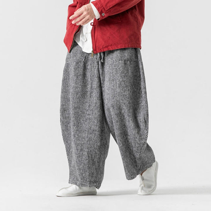 Męskie spodnie bawełniane z szerokimi nogawkami i kieszeniami, w jednolitym kolorze i ze ściągaczem, z Buddha Stones - image 27