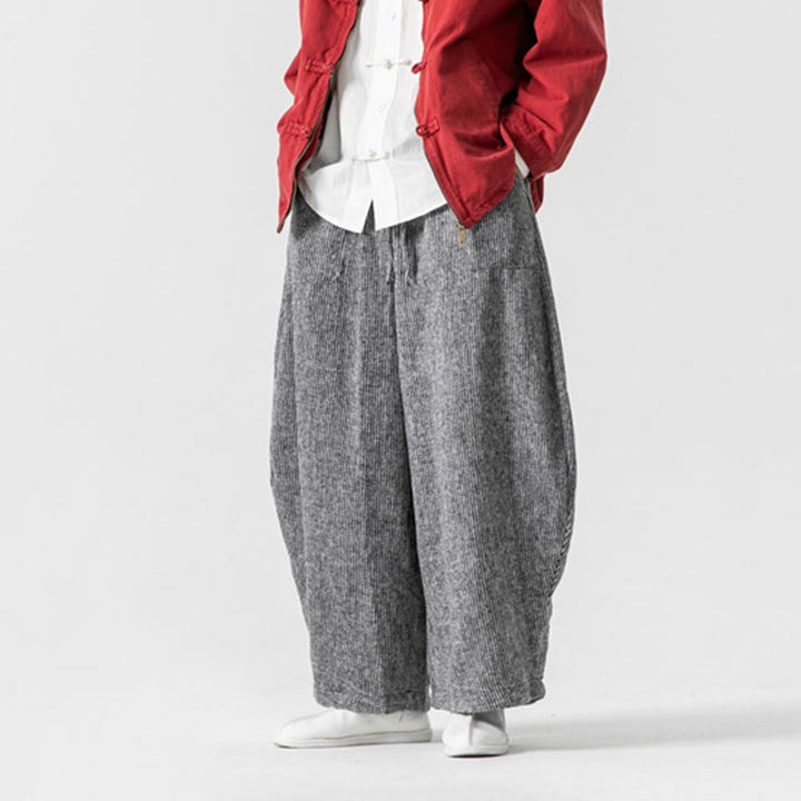 Męskie spodnie bawełniane z szerokimi nogawkami i kieszeniami, w jednolitym kolorze i ze ściągaczem, z Buddha Stones - image 31