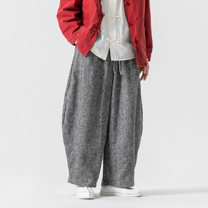 Męskie spodnie bawełniane z szerokimi nogawkami i kieszeniami, w jednolitym kolorze i ze ściągaczem, z Buddha Stones - image 33