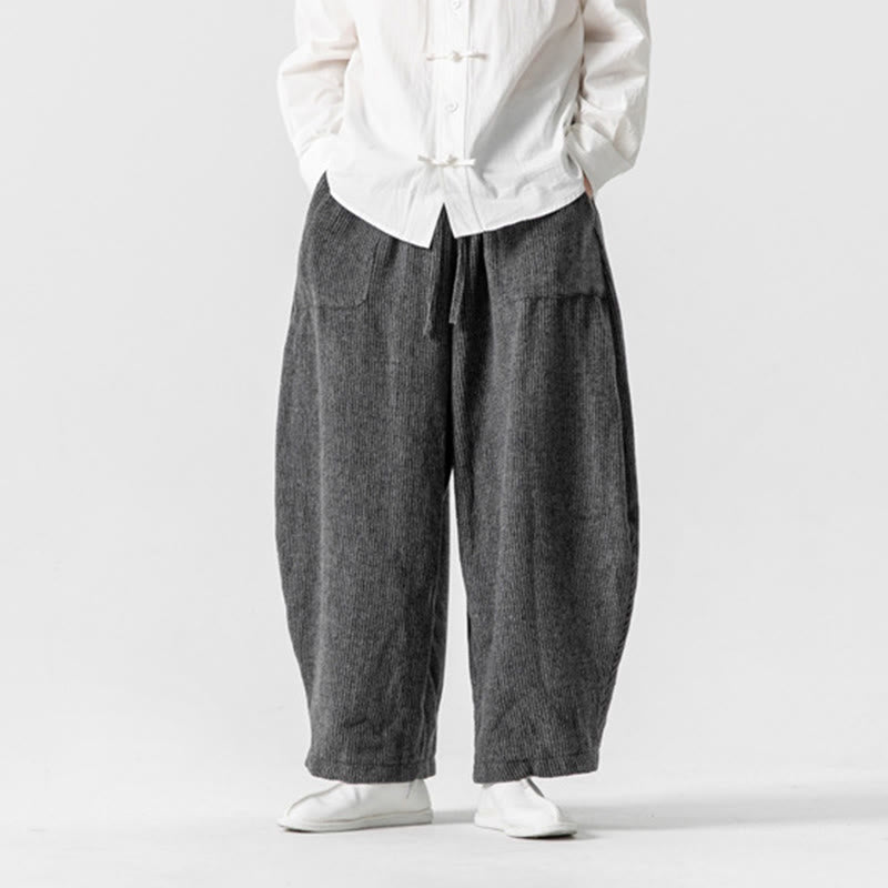 Męskie spodnie bawełniane z szerokimi nogawkami i kieszeniami, w jednolitym kolorze i ze ściągaczem, z Buddha Stones - image 2