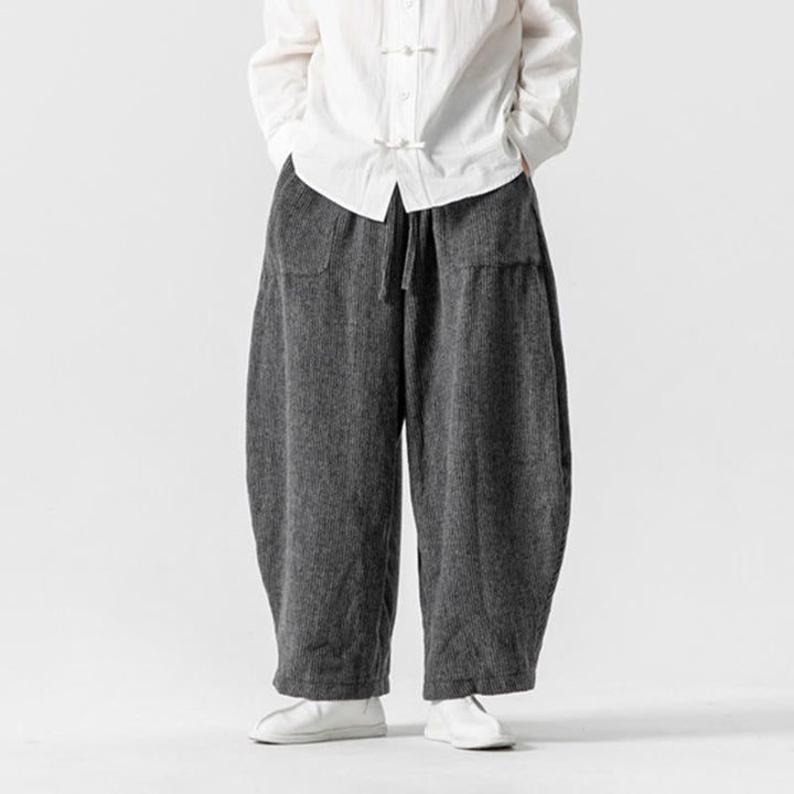 Męskie spodnie bawełniane z szerokimi nogawkami i kieszeniami, w jednolitym kolorze i ze ściągaczem, z Buddha Stones - image 2