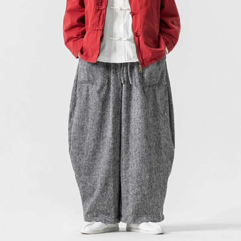 Męskie spodnie bawełniane z szerokimi nogawkami i kieszeniami, w jednolitym kolorze i ze ściągaczem, z Buddha Stones - image 32