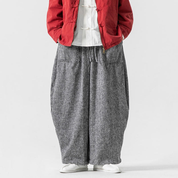 Męskie spodnie bawełniane z szerokimi nogawkami i kieszeniami, w jednolitym kolorze i ze ściągaczem, z Buddha Stones - image 32