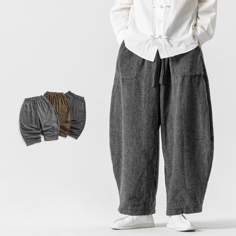 Męskie spodnie bawełniane z szerokimi nogawkami i kieszeniami, w jednolitym kolorze i ze ściągaczem, z Buddha Stones - DimGray - US/UK/AU46， EU56 (5XL) - image 0